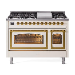 ILVE UN48FNMPAWG Nostalgie II Noblesse 48 inch Dual Fuel Range (8 Sealed Burners + Griddle, Natural Gas, Triple Glass Door, Antique White, Brass)