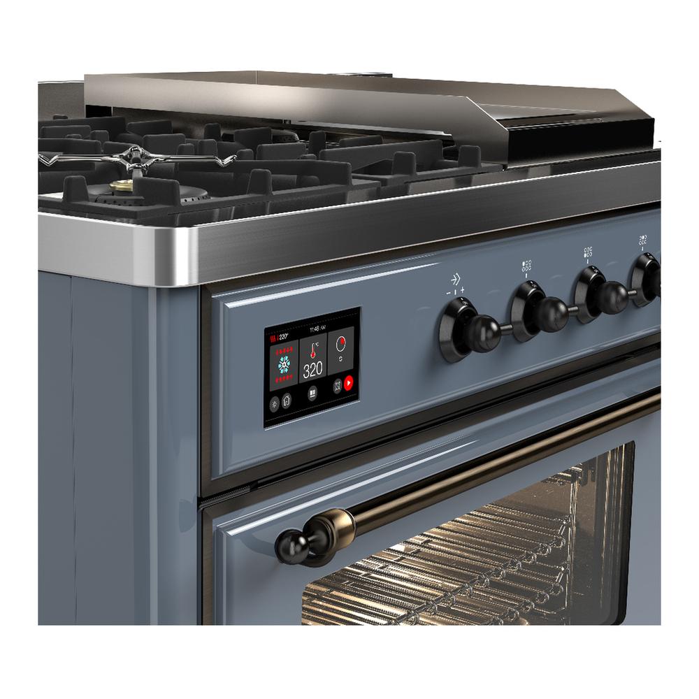 ILVE UM48FSNR3BGBLP Majestic III 48 inch Dual Fuel Range with 5 Black Brass Burners, Griddle and French Top, Dual Function Burner up to 25,000 BTU (Liquid Propane, Triple Glass Door, Blue Grey, Burnished)