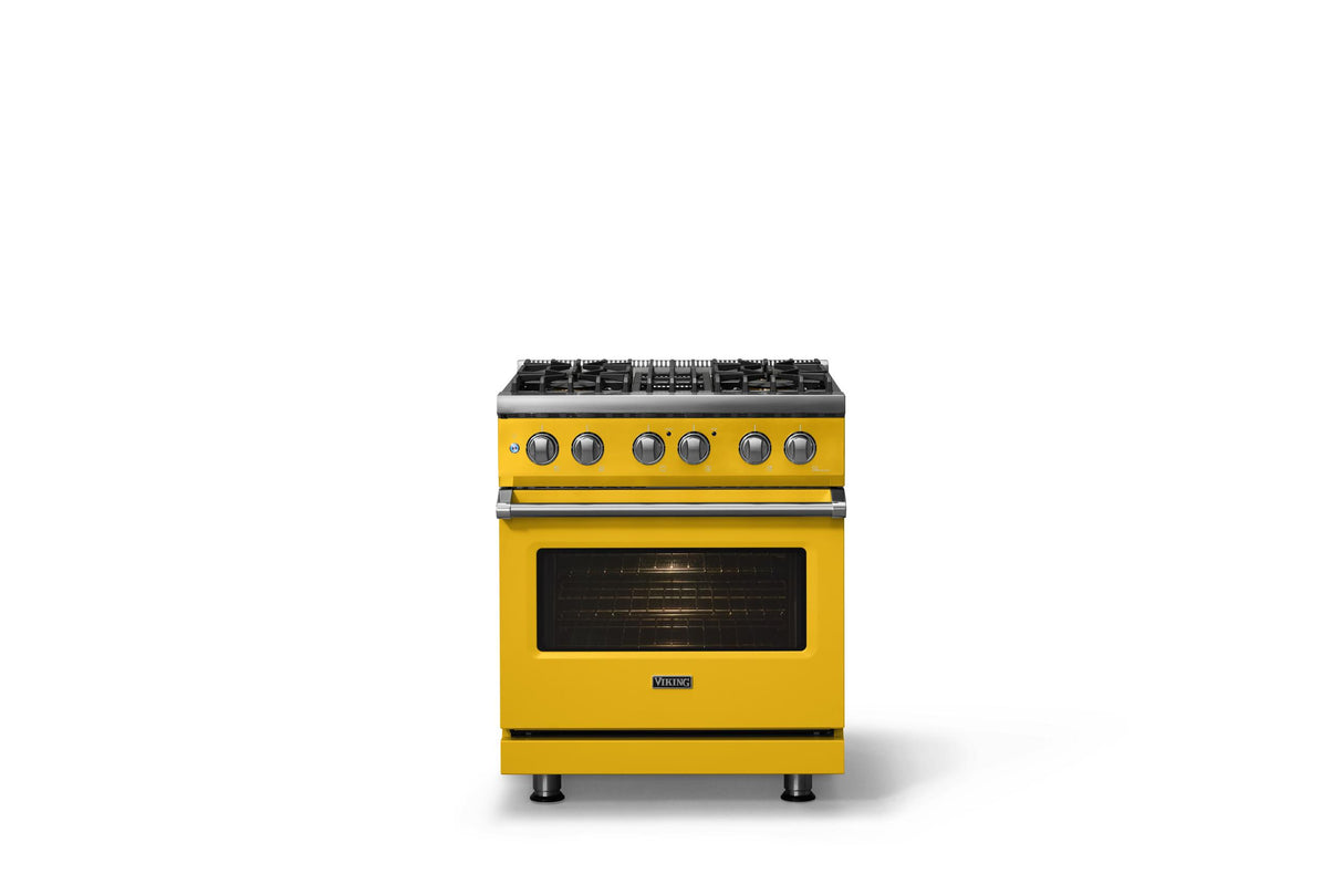 30"W. Dual Fuel Range (Finish: Daffodil, Trim: Polished Chrome, Fuel: Natural Gas)