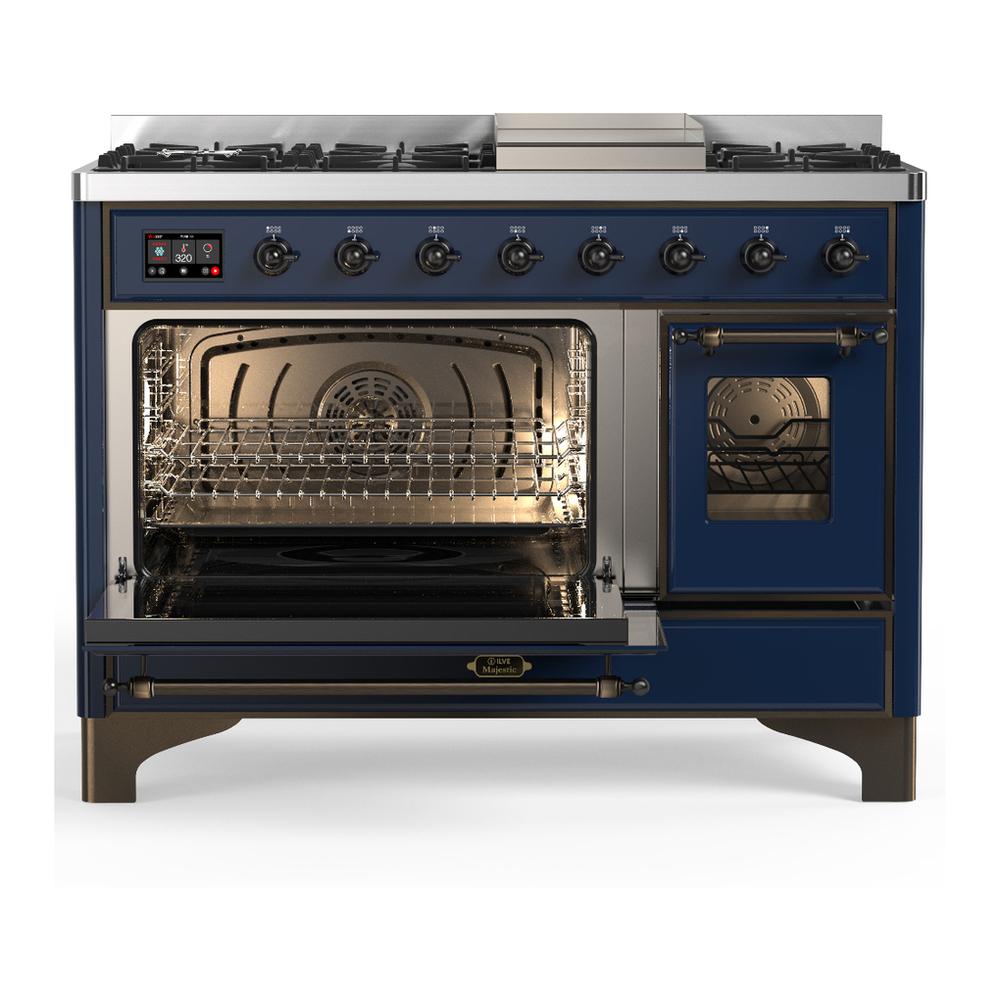 ILVE UM48FNR3MBB Majestic III 48 inch Dual Fuel Range with 8 Burners and Griddle, Dual Function Burner up to 25,000 BTU (Natural Gas, Triple Glass Door, Midnight Blue, Burnished)