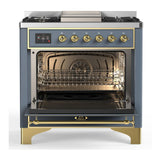 ILVE UM36FQNR3BGG Majestic III 36 inch Dual Fuel Range with 6 Black Brass Burners and Griddle, Dual Function Burner up to 25,000 BTU (Solid Door, Blue Grey, Brass, Natural Gas)