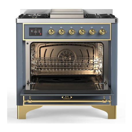 ILVE UM36FQNR3BGG Majestic III 36 inch Dual Fuel Range with 6 Black Brass Burners and Griddle, Dual Function Burner up to 25,000 BTU (Solid Door, Blue Grey, Brass, Natural Gas)