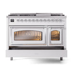ILVE UN48FNMPWHCLP Nostalgie II Noblesse 48 inch Dual Fuel Range (8 Sealed Burners + Griddle, Liquid Propane, Triple Glass Door, White, Chrome)