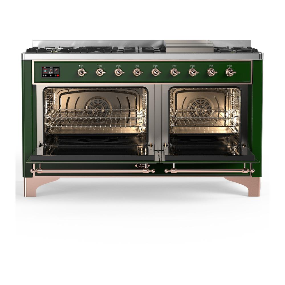 ILVE UM60FNR3EGP Majestic III 60 inch Dual Fuel Range with 9 Burners and Griddle, Dual Function Burner up to 25,000 BTU (Natural Gas, Triple Glass Door, Emerald Green, Copper)