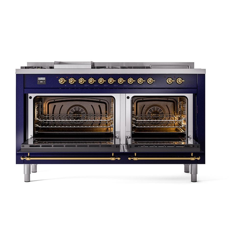 ILVE UN60FSQNMPMBG Nostalgie II Noblesse 60 inch Dual Fuel Range (7 Sealed Burners + Griddle + French Top, Natural Gas, Solid Door, Midnight Blue, Brass)