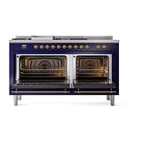 ILVE UN60FSQNMPMBG Nostalgie II Noblesse 60 inch Dual Fuel Range (7 Sealed Burners + Griddle + French Top, Natural Gas, Solid Door, Midnight Blue, Brass)