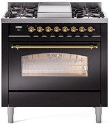 Nostalgie II 36 Inch Dual Fuel Liquid Propane Freestanding Range in Glossy Black with Brass Trim