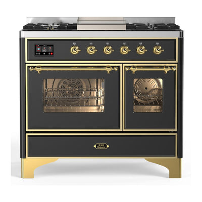 ILVE UMD40FNR3MGG Majestic III 40 inch Dual Fuel Range with 6 Burners and Griddle, Dual Function Burner up to 25,000 BTU (Natural Gas, Triple Glass Door, Graphite Matte, Brass)