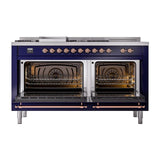 ILVE UN60FSNMPMBPLP Nostalgie II Noblesse 60 inch Dual Fuel Range (7 Sealed Burners + Griddle + French Top, Liquid Propane, Triple Glass Door, Midnight Blue, Copper)