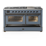 ILVE UM60FNR3BGB Majestic III 60 inch Dual Fuel Range with 9 Burners and Griddle, Dual Function Burner up to 25,000 BTU (Natural Gas, Triple Glass Door, Blue Grey, Burnished)