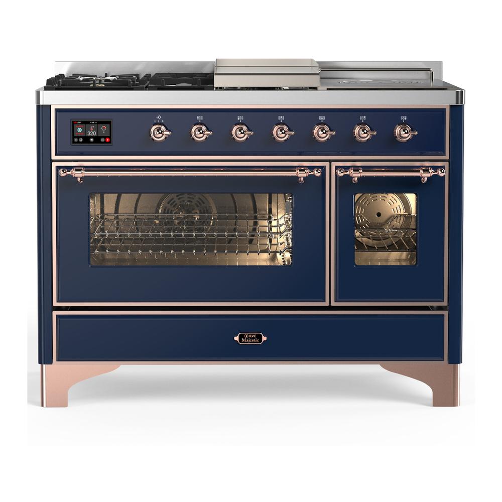 ILVE UM48FSNR3MBPLP Majestic III 48 inch Dual Fuel Range with 5 Black Brass Burners, Griddle and French Top, Dual Function Burner up to 25,000 BTU (Liquid Propane, Triple Glass Door, Midnight Blue, Copper)