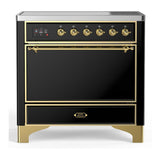 ILVE UMIB36QNR3BKG Majestic III 36 inch Induction Range with 6 Elements, 3.5 cu. ft. Total Oven Capacity (Solid Door, Glossy Black, Brass)