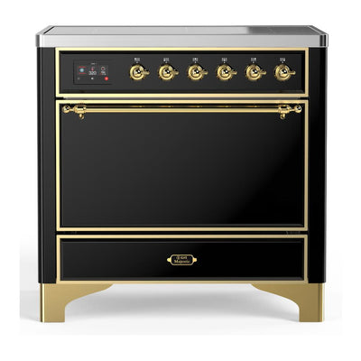 ILVE UMIB36QNR3BKG Majestic III 36 inch Induction Range with 6 Elements, 3.5 cu. ft. Total Oven Capacity (Solid Door, Glossy Black, Brass)