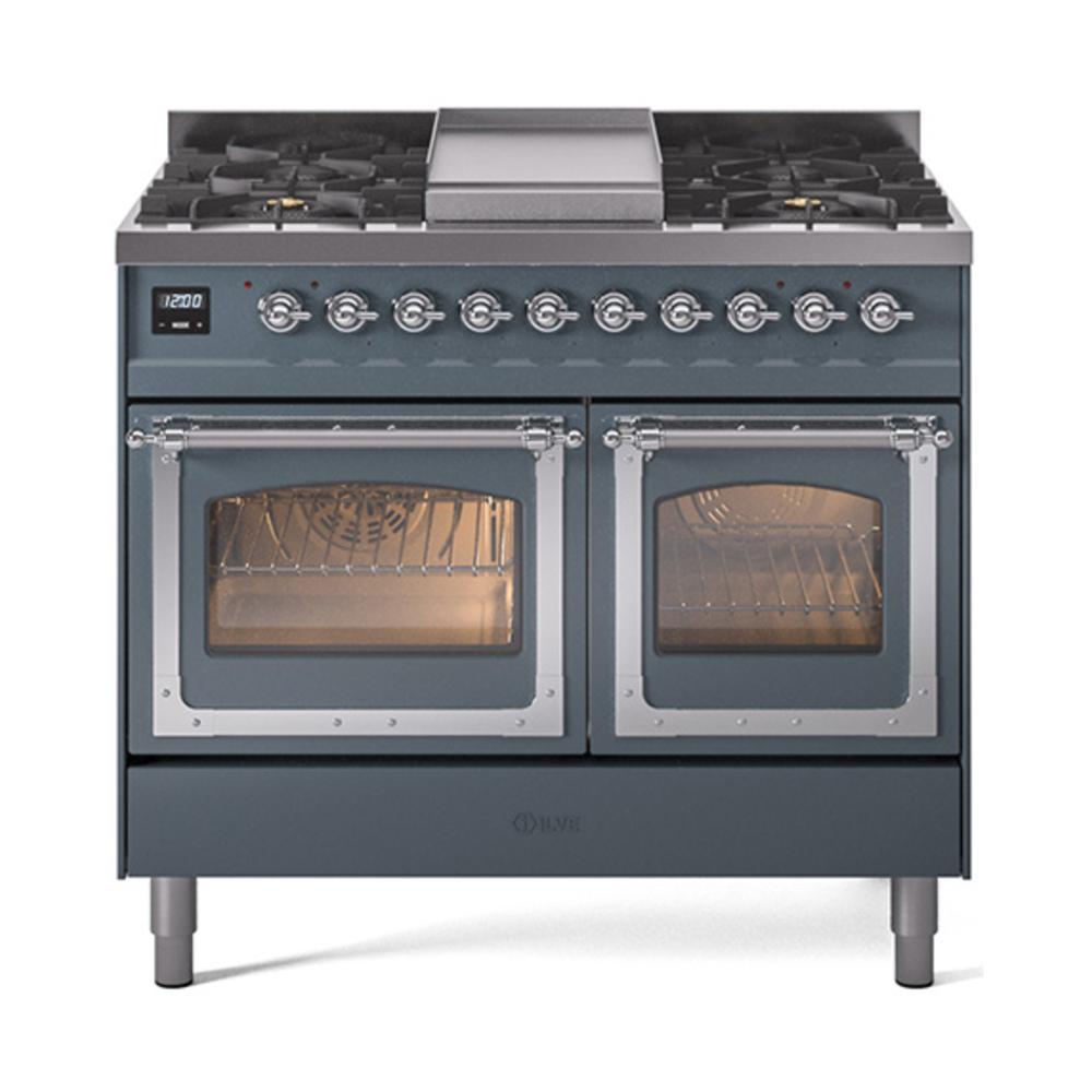 ILVE UND40FNMPBGC Nostalgie II Noblesse 40 inch Dual Fuel Range (Natural Gas, Triple Glass Door, Blue Grey, Chrome)