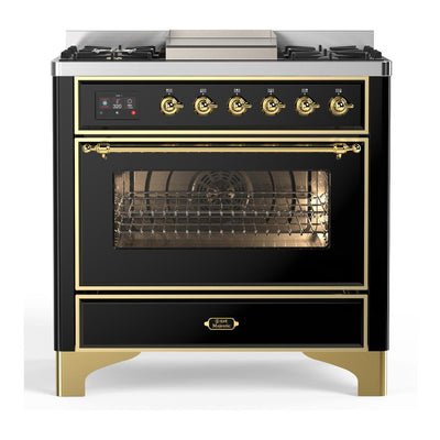 ILVE UM36FNR3BKGLP Majestic III 36 inch Dual Fuel Range with 6 Black Brass Burners and Griddle, Dual Function Burner up to 25,000 BTU (Triple Glass Door, Glossy Black, Brass, Liquid Propane)