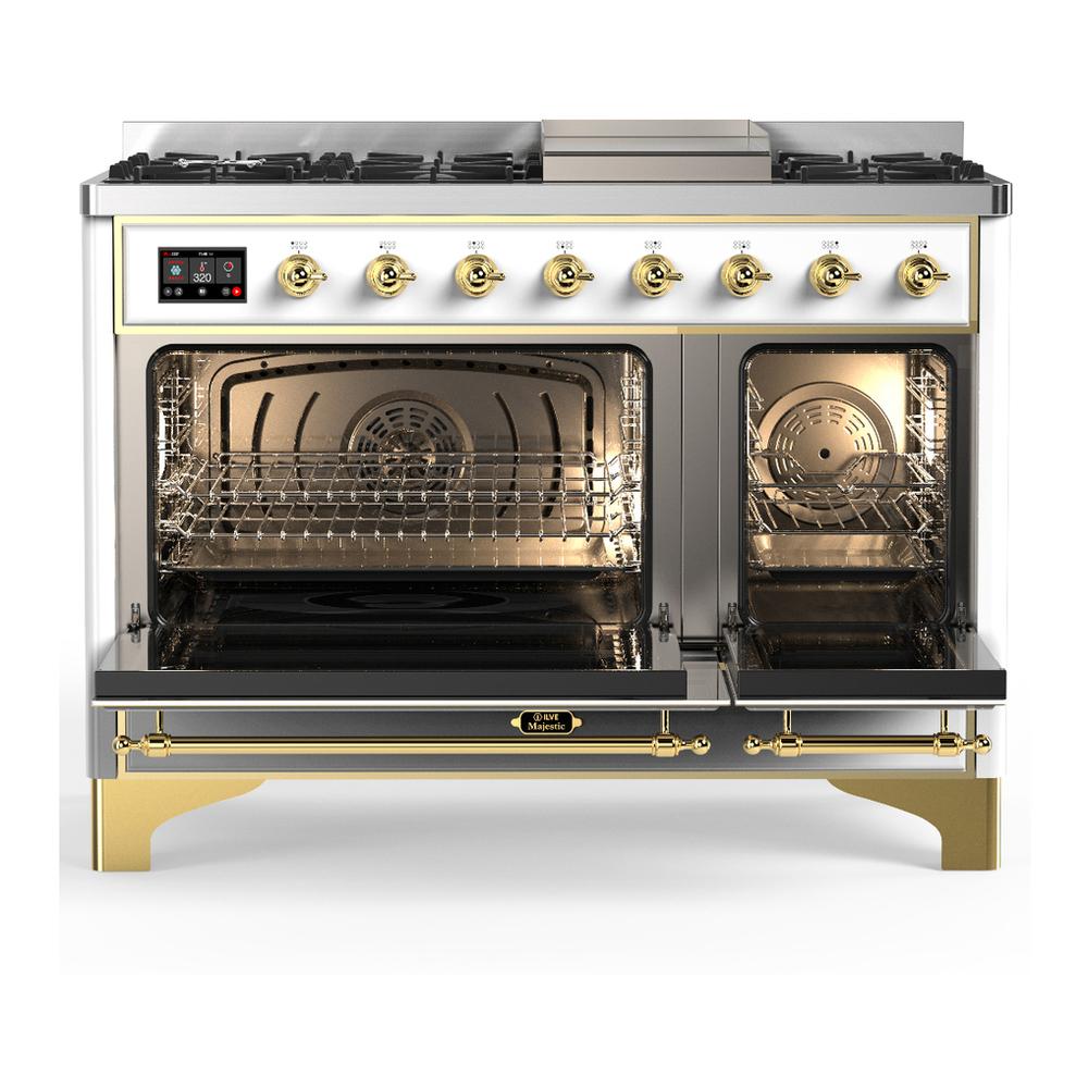 ILVE UM48FQNR3WHGLP Majestic III 48 inch Dual Fuel Range with 8 Burners and Griddle, Dual Function Burner up to 25,000 BTU (Liquid Propane, Solid Door, White, Brass)