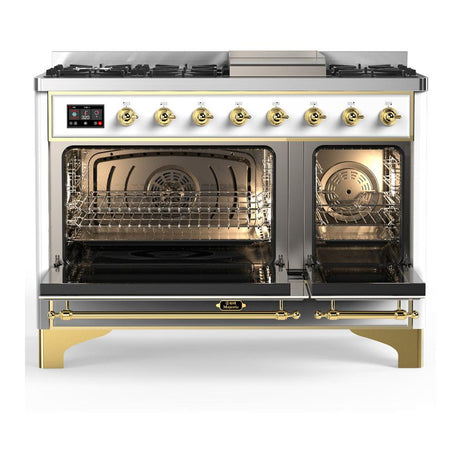 ILVE UM48FQNR3WHGLP Majestic III 48 inch Dual Fuel Range with 8 Burners and Griddle, Dual Function Burner up to 25,000 BTU (Liquid Propane, Solid Door, White, Brass)