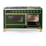 ILVE UM60FNR3EGG Majestic III 60 inch Dual Fuel Range with 9 Burners and Griddle, Dual Function Burner up to 25,000 BTU (Natural Gas, Triple Glass Door, Emerald Green, Brass)