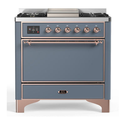 ILVE UM36FQNR3BGP Majestic III 36 inch Dual Fuel Range with 6 Black Brass Burners and Griddle, Dual Function Burner up to 25,000 BTU (Solid Door, Blue Grey, Copper, Natural Gas)