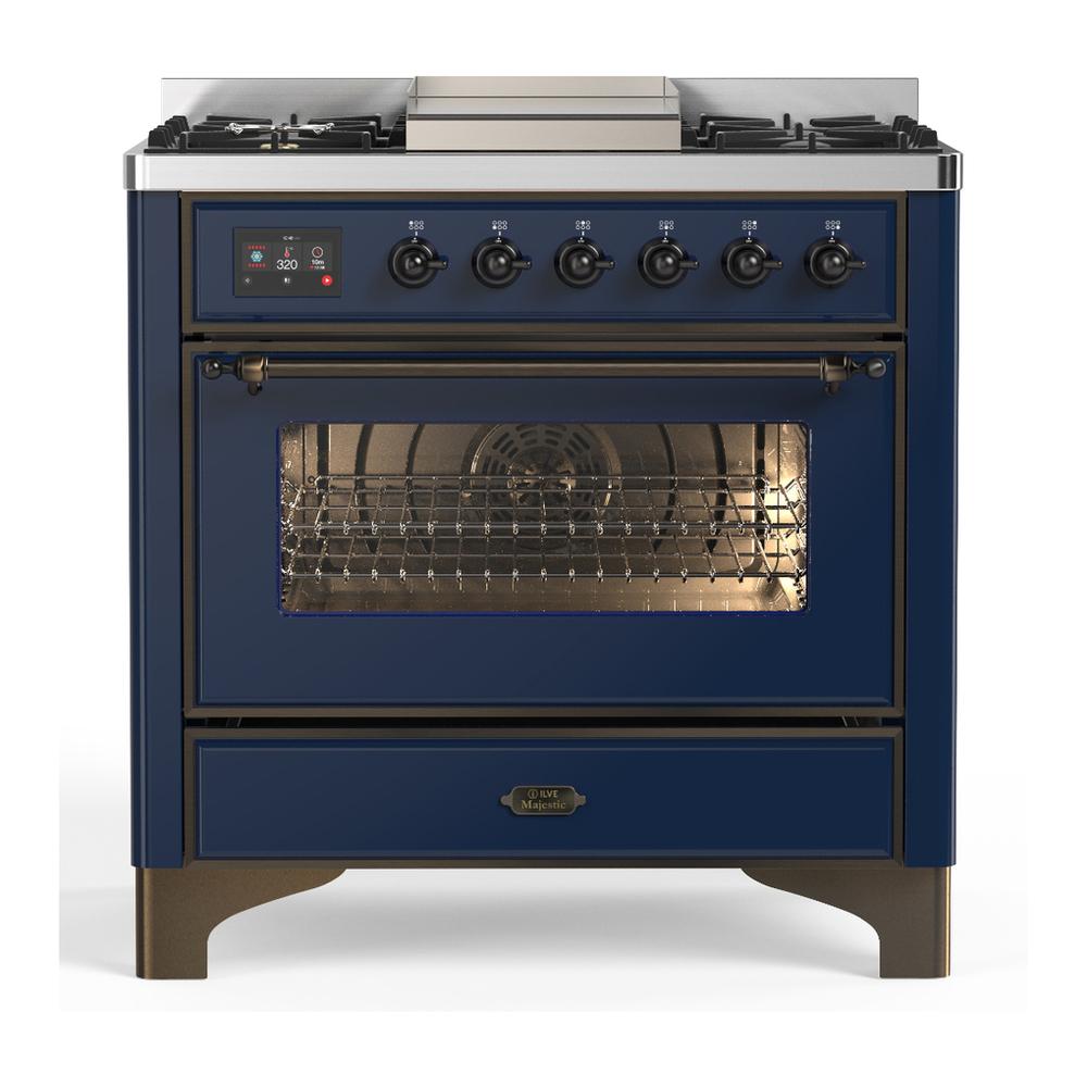 ILVE UM36FNR3MBBLP Majestic III 36 inch Dual Fuel Range with 6 Black Brass Burners and Griddle, Dual Function Burner up to 25,000 BTU (Triple Glass Door, Midnight Blue, Burnished, Liquid Propane)