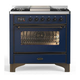 ILVE UM36FNR3MBBLP Majestic III 36 inch Dual Fuel Range with 6 Black Brass Burners and Griddle, Dual Function Burner up to 25,000 BTU (Triple Glass Door, Midnight Blue, Burnished, Liquid Propane)