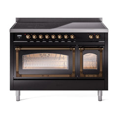 ILVE UNI486NMPBKB Nostalgie II Noblesse 48 inch Induction Range (Triple Glass Door, Glossy Black, Burnished)