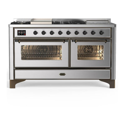 ILVE UM60FSNR3SSBLP Majestic III 60 inch Dual Fuel Range with 7 Burners, Griddle and French Top, Dual Function Burner with up to 25,000 BTU (Liquid Propane, Triple Glass Door, Stainless Steel, Burnished)