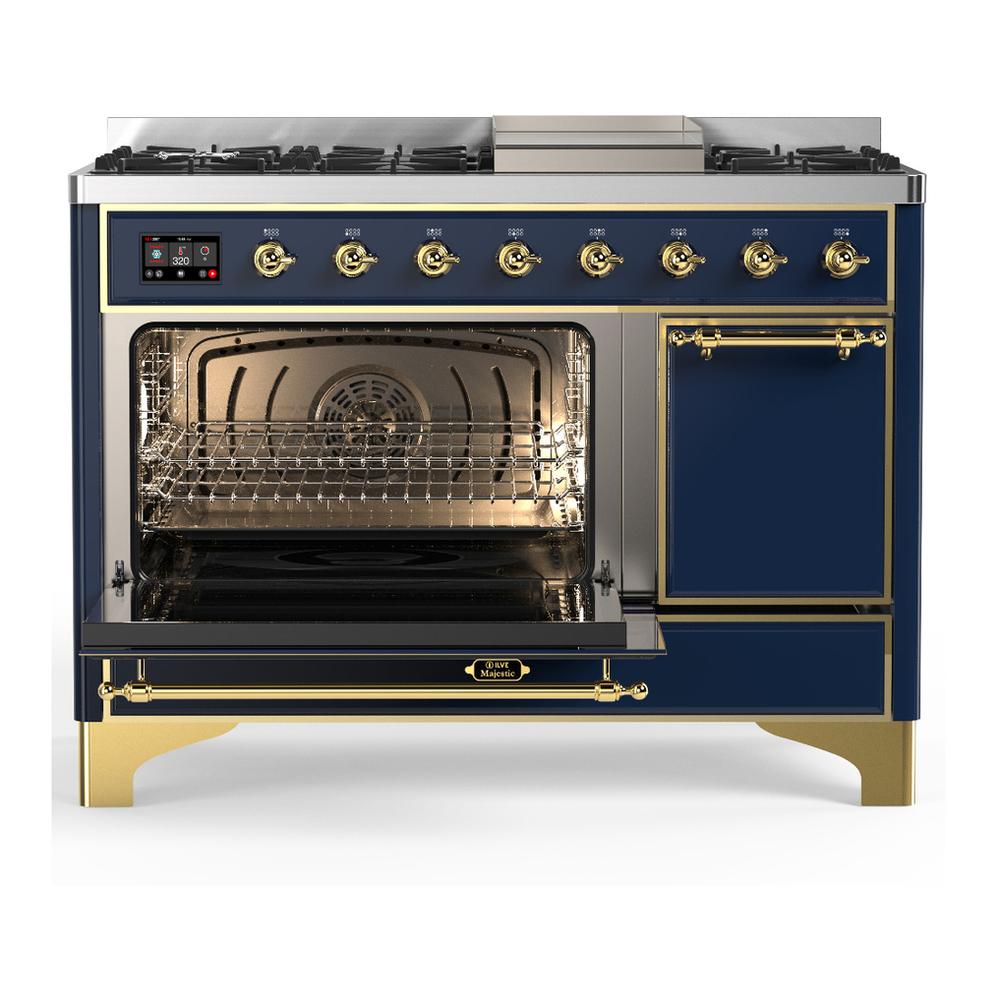 ILVE UM48FQNR3MBGLP Majestic III 48 inch Dual Fuel Range with 8 Burners and Griddle, Dual Function Burner up to 25,000 BTU (Liquid Propane, Solid Door, Midnight Blue, Brass)