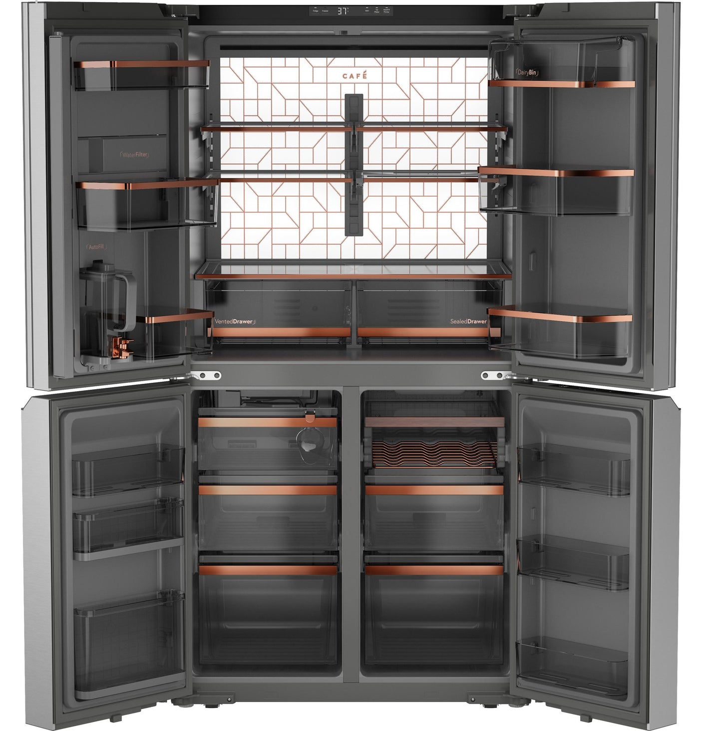 Café™ ENERGY STAR® 28.3 Cu. Ft. Smart Quad-Door Refrigerator in Platinum Glass with Dual-Dispense AutoFill Pitcher
