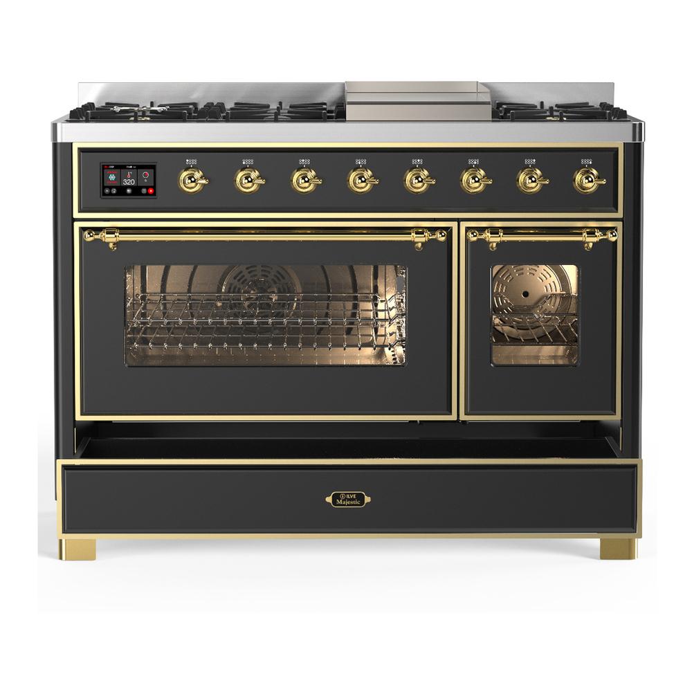 ILVE UM48FNR3MGGLP Majestic III 48 inch Dual Fuel Range with 8 Burners and Griddle, Dual Function Burner up to 25,000 BTU (Liquid Propane, Triple Glass Door, Graphite Matte, Brass)