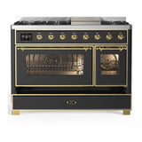 ILVE UM48FNR3MGGLP Majestic III 48 inch Dual Fuel Range with 8 Burners and Griddle, Dual Function Burner up to 25,000 BTU (Liquid Propane, Triple Glass Door, Graphite Matte, Brass)