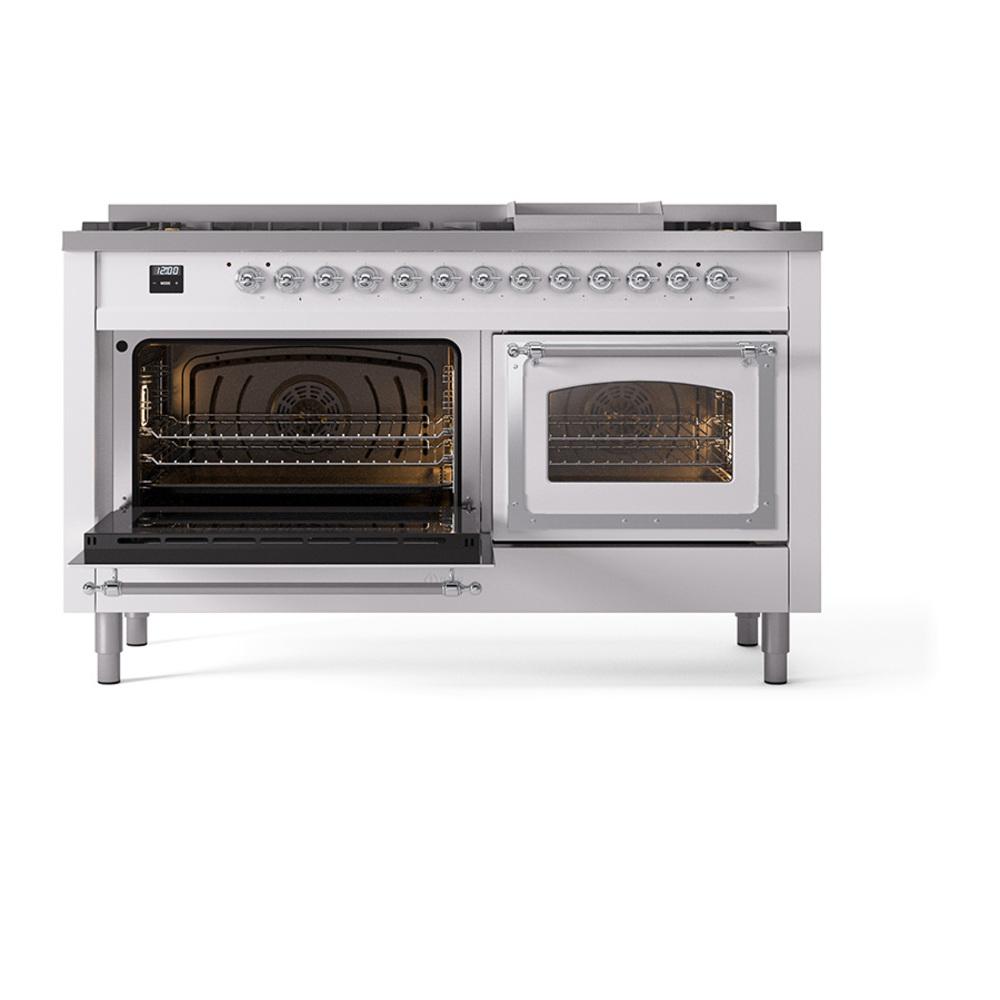 ILVE UN60FNMPWHCLP Nostalgie II Noblesse 60 inch Dual Fuel Range (9 Sealed Burners + Griddle, Liquid Propane, Triple Glass Door, White, Chrome)