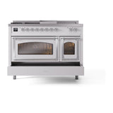 ILVE UN48FSNMPWHCLP Nostalgie II Noblesse 48 inch Dual Fuel Range (5 Sealed Burners + Griddle + French Top, Liquid Propane, Triple Glass Door, White, Chrome)