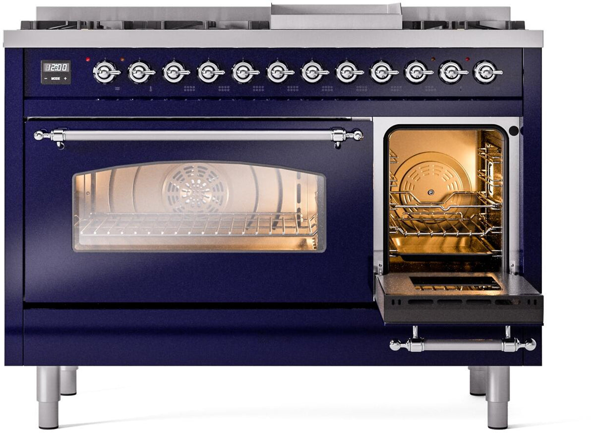 Nostalgie II 48 Inch Dual Fuel Liquid Propane Freestanding Range in Blue with Chrome Trim