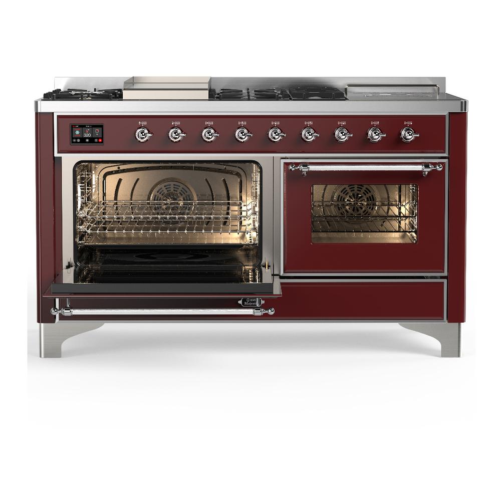 ILVE UM60FSNR3BUCLP Majestic III 60 inch Dual Fuel Range with 7 Burners, Griddle and French Top, Dual Function Burner with up to 25,000 BTU (Liquid Propane, Triple Glass Door, Burgundy, Chrome)
