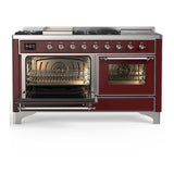 ILVE UM60FSNR3BUCLP Majestic III 60 inch Dual Fuel Range with 7 Burners, Griddle and French Top, Dual Function Burner with up to 25,000 BTU (Liquid Propane, Triple Glass Door, Burgundy, Chrome)