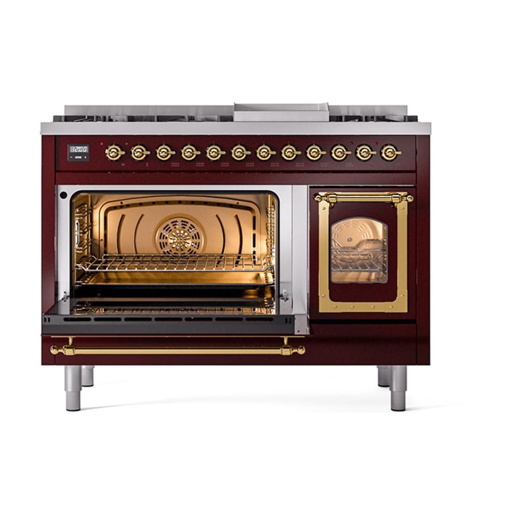 ILVE UN48FNMPBUG Nostalgie II Noblesse 48 inch Dual Fuel Range (8 Sealed Burners + Griddle, Natural Gas, Triple Glass Door, Burgundy, Brass)