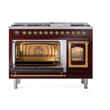ILVE UN48FNMPBUG Nostalgie II Noblesse 48 inch Dual Fuel Range (8 Sealed Burners + Griddle, Natural Gas, Triple Glass Door, Burgundy, Brass)