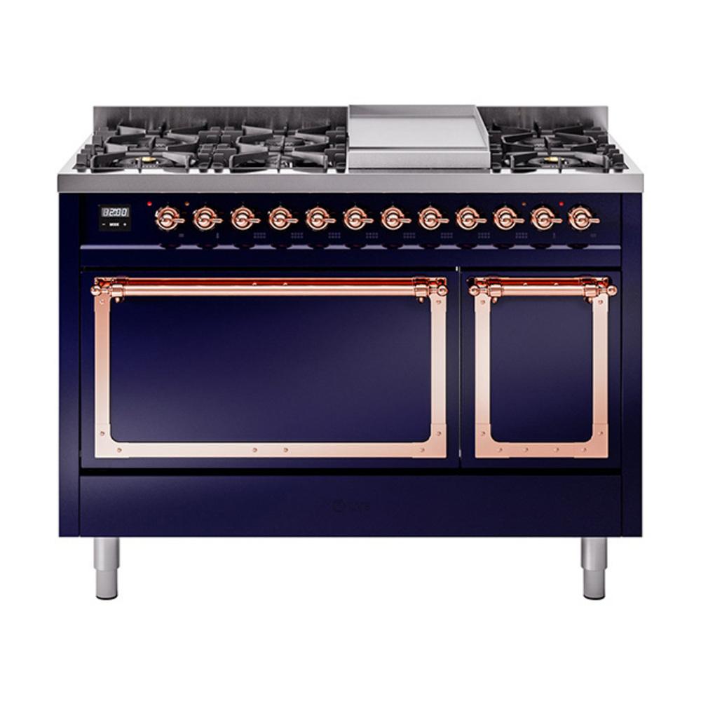 ILVE UN48FQNMPMBP Nostalgie II Noblesse 48 inch Dual Fuel Range (8 Sealed Burners + Griddle, Natural Gas, Solid Door, Midnight Blue, Copper)