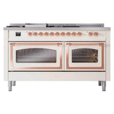 ILVE UN60FSNMPAWPLP Nostalgie II Noblesse 60 inch Dual Fuel Range (7 Sealed Burners + Griddle + French Top, Liquid Propane, Triple Glass Door, Antique White, Copper)