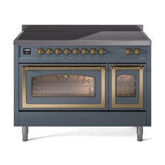 ILVE UNI486NMPBGG Nostalgie II Noblesse 48 inch Induction Range (Triple Glass Door, Blue Grey, Brass)