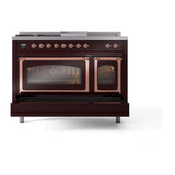 ILVE UN48FSNMPBUP Nostalgie II Noblesse 48 inch Dual Fuel Range (5 Sealed Burners + Griddle + French Top, Natural Gas, Triple Glass Door, Burgundy, Copper)