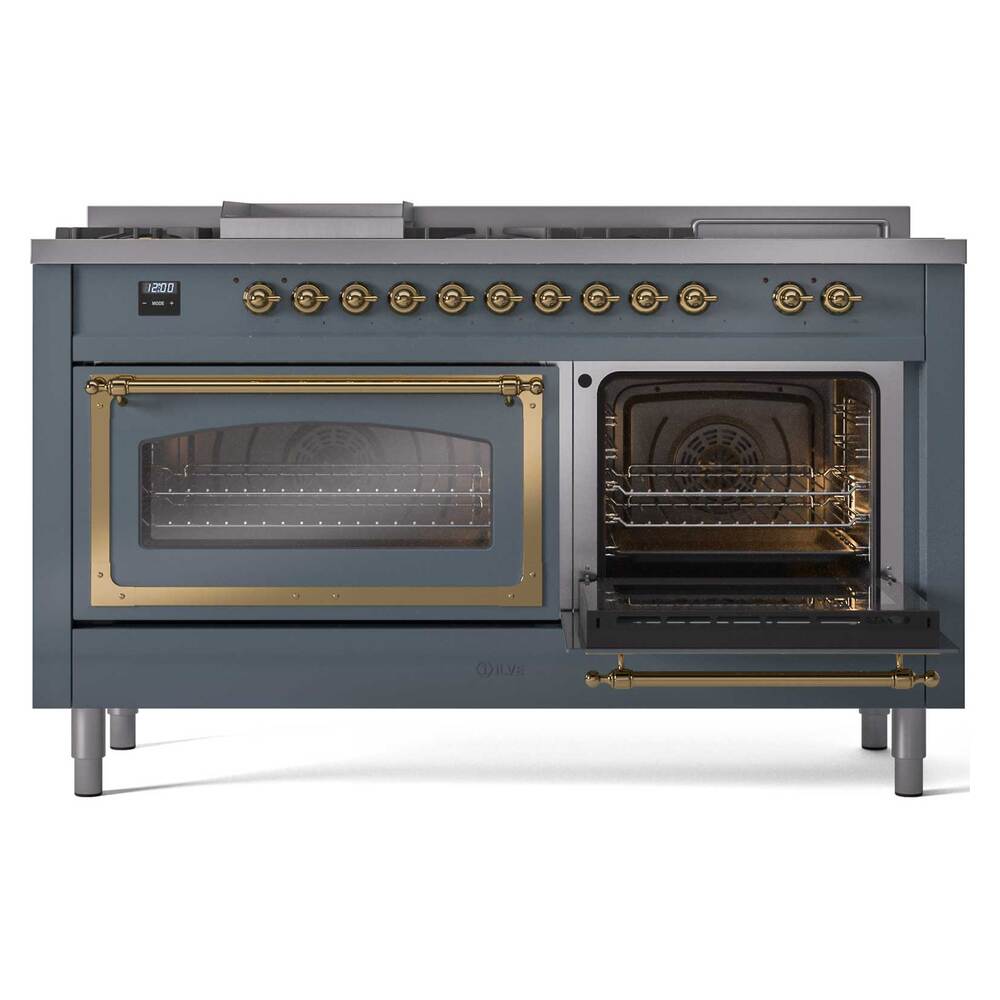 ILVE UN60FSNMPBGG Nostalgie II Noblesse 60 inch Dual Fuel Range (7 Sealed Burners + Griddle + French Top, Natural Gas, Triple Glass Door, Blue Grey, Brass)