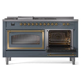ILVE UN60FSNMPBGG Nostalgie II Noblesse 60 inch Dual Fuel Range (7 Sealed Burners + Griddle + French Top, Natural Gas, Triple Glass Door, Blue Grey, Brass)