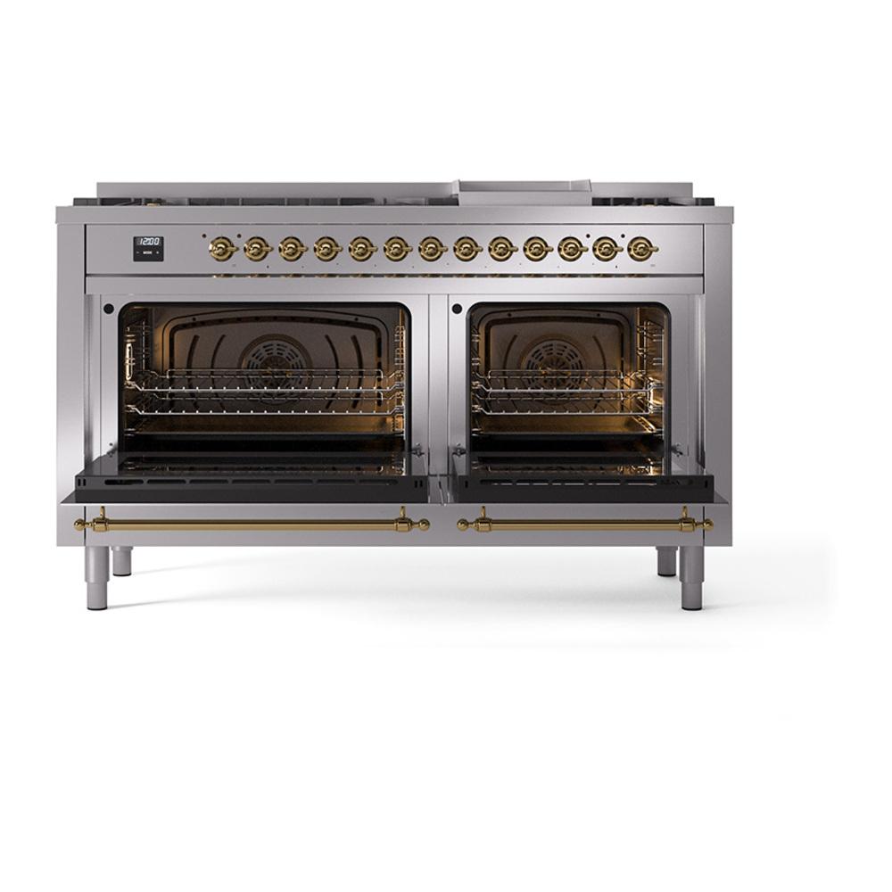 ILVE UN60FQNMPSSG Nostalgie II Noblesse 60 inch Dual Fuel Range (9 Sealed Burners + Griddle, Natural Gas, Solid Door, Stainless Steel, Brass)