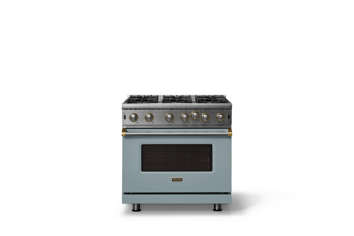36"W. Open Burner Gas Range (Finish: November Sky, Trim: Brushed Brass, Fuel: Natural Gas)