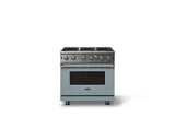 36"W. Open Burner Gas Range (Finish: November Sky, Trim: Brushed Brass, Fuel: Natural Gas)