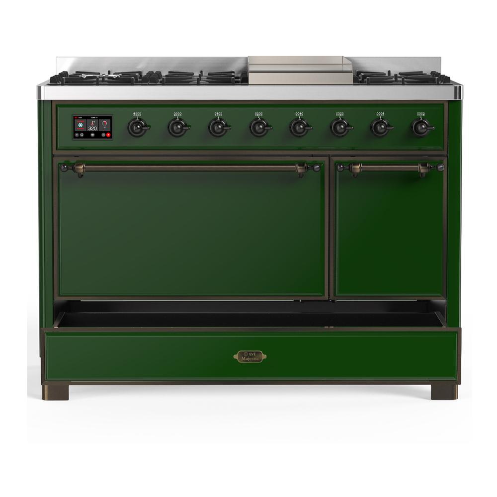 ILVE UM48FQNR3EGB Majestic III 48 inch Dual Fuel Range with 8 Burners and Griddle, Dual Function Burner up to 25,000 BTU (Natural Gas, Solid Door, Emerald Green, Burnished)