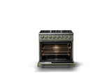 36"W. Dual Fuel Range (Burner: 6b, Finish: Eucalyptus, Trim: Brushed Brass, Fuel: Propane)