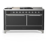 ILVE UM60FSQNR3MGCLP Majestic III 60 inch Dual Fuel Range with 7 Burners, Griddle and French Top, Dual Function Burner with up to 25,000 BTU (Liquid Propane, Solid Door, Graphite Matte, Chrome)